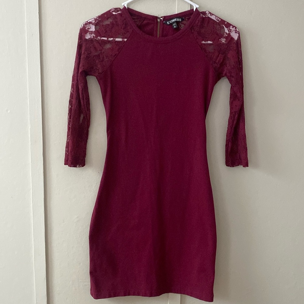 Express Burgundy Wine Bodycon Dress with Lace Sleeves, Size XS